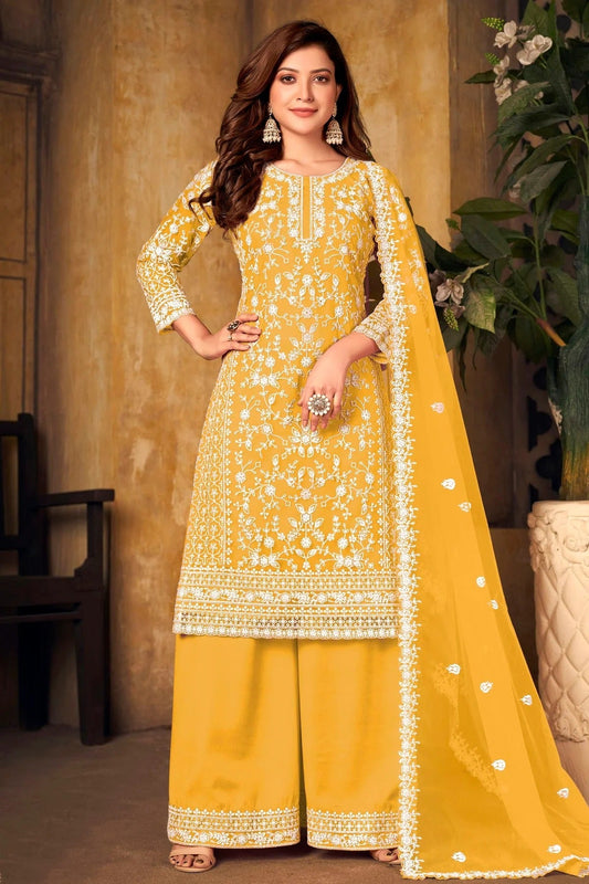 Yellow Colour Plazoo Pant Suit Net Semi Stitched SM1050527