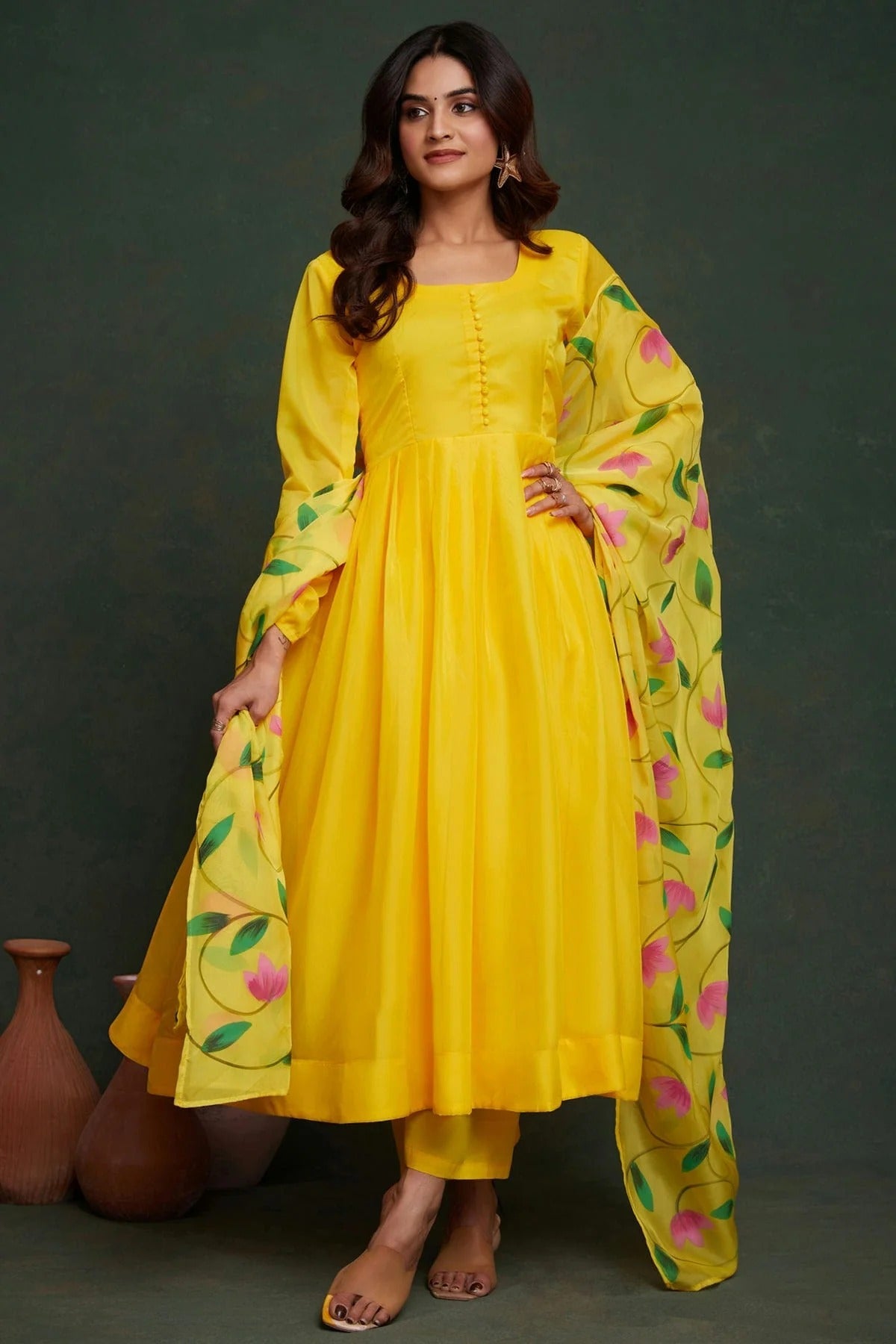 Yellow Colour Printed Viscose Organza Stitched Suit SS1112466