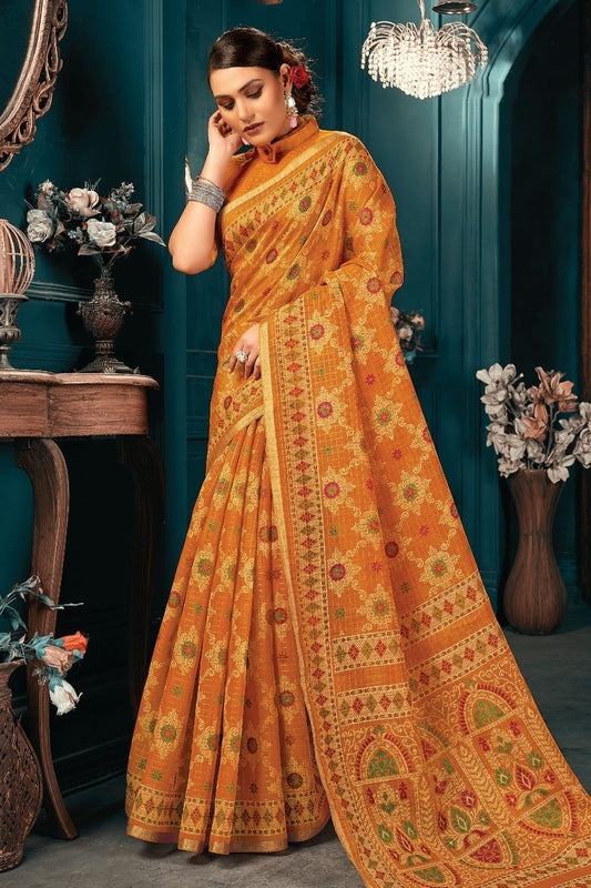 Yellow Colour Printed Work Cotton Saree SD1101304