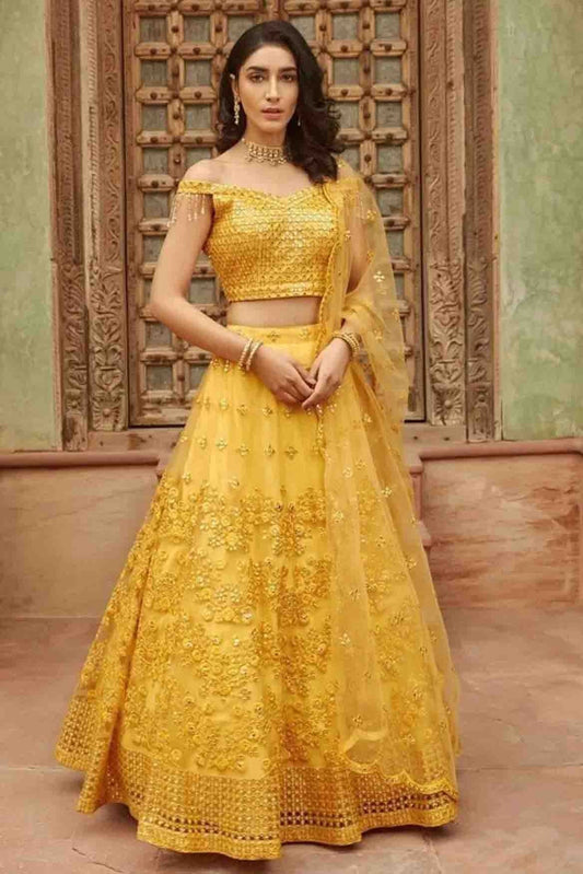 Yellow Colour Pure Organza Thread Work Lehenga Choli LC1080623