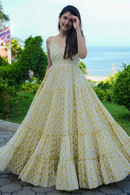 Yellow Colour Rayon Stitched Gown GW1112309