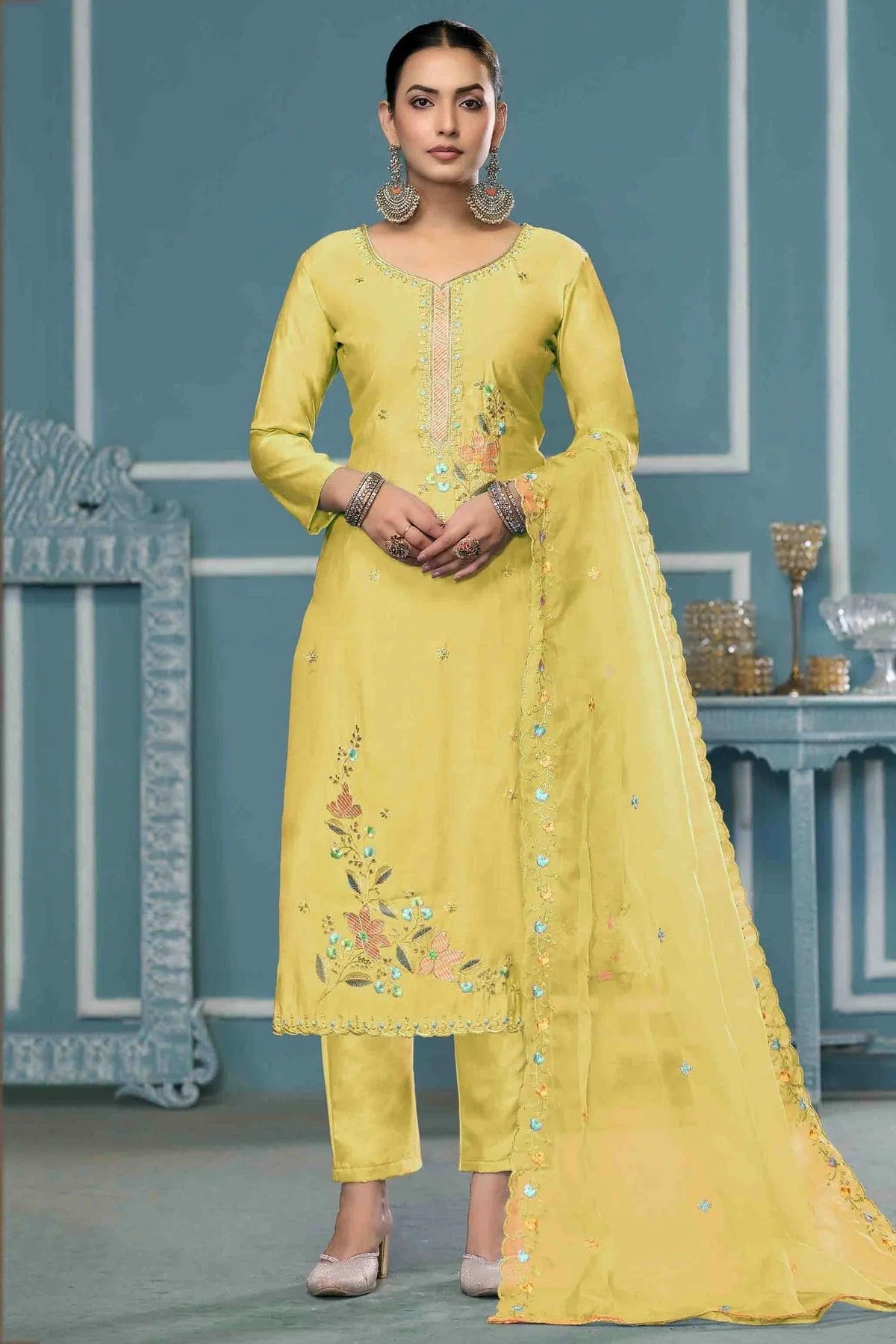 Yellow Colour Roman Cotton Pant Style Suit SM1113237