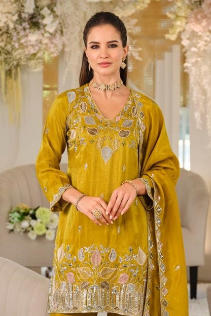 Yellow Colour Roman Silk Embroidery Work Palazzo Pant Suit