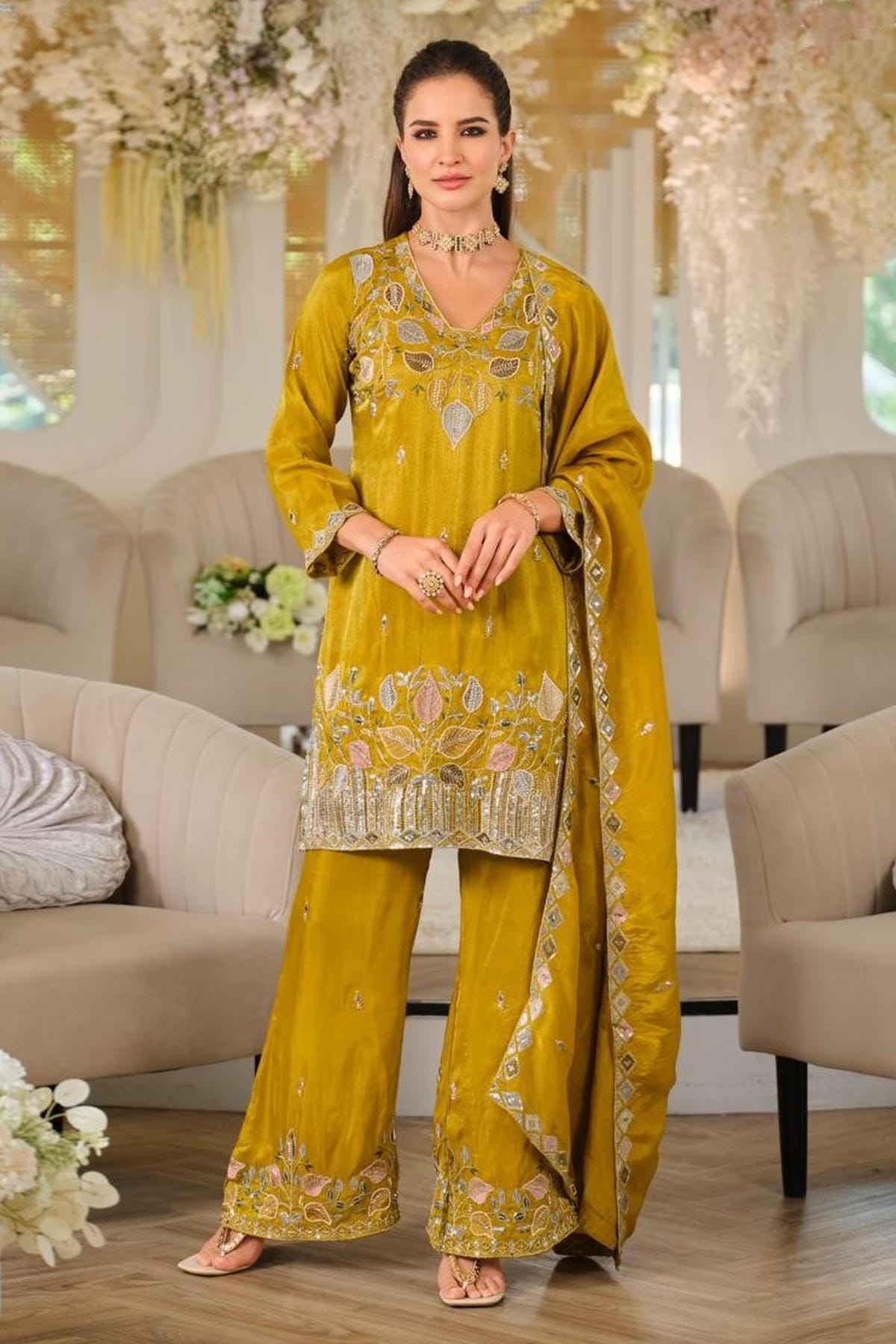 Yellow Colour Roman Silk Embroidery Work Palazzo Pant Suit