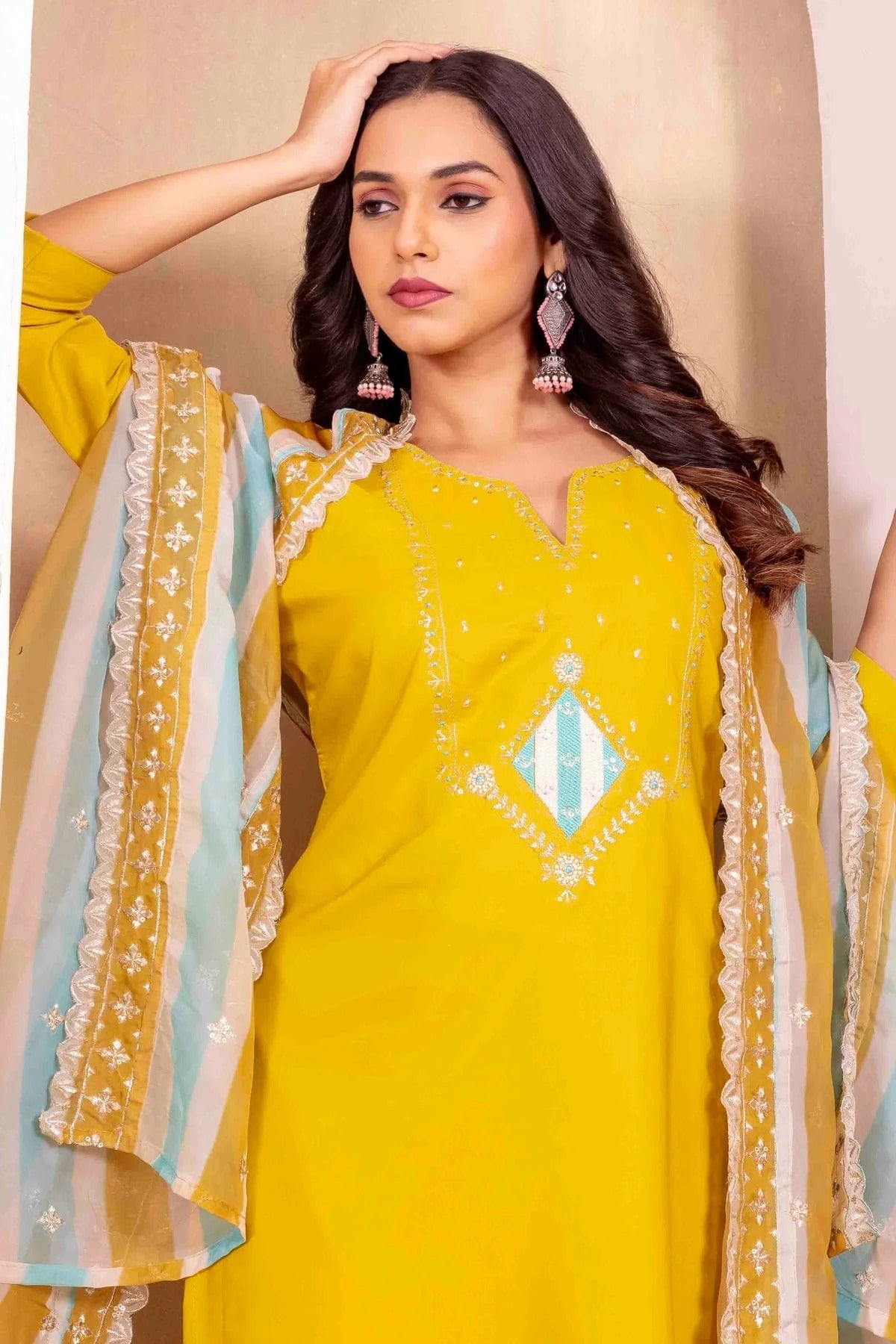 Yellow Colour Roman Silk Stitched Suit SS1113305 A