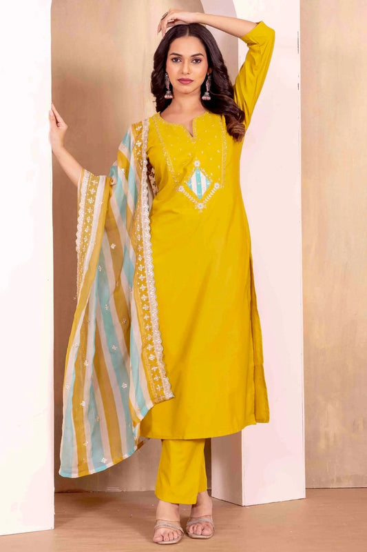Yellow Colour Roman Silk Stitched Suit SS1113305