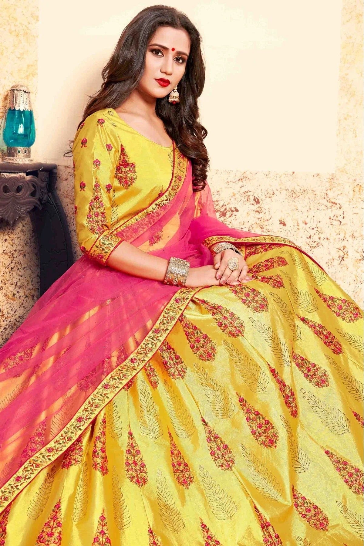 Yellow Colour Satin Embroidery Lehenga Choli LC1080205 A
