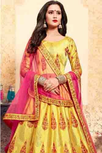 Yellow Colour Satin Embroidery Lehenga Choli LC1080205 B