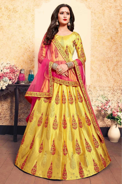 Yellow Colour Satin Embroidery Lehenga Choli LC1080205