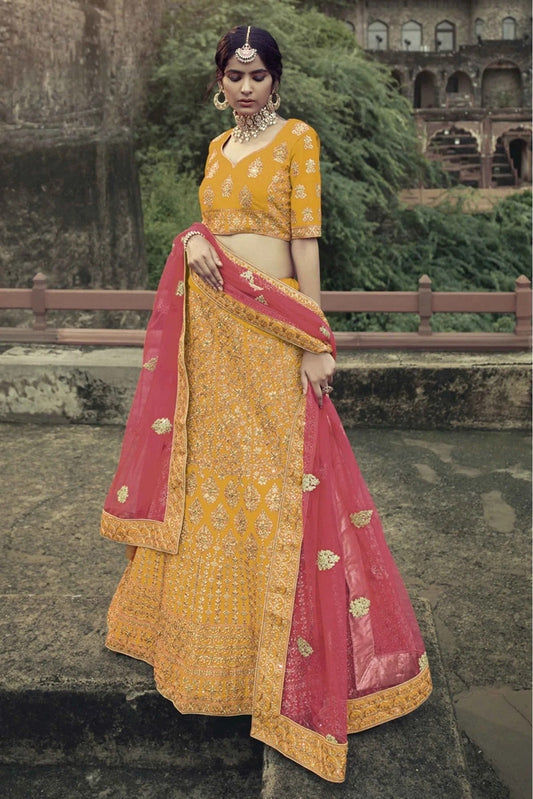 Yellow Colour Satin Thread Work Lehenga Choli LC1080347