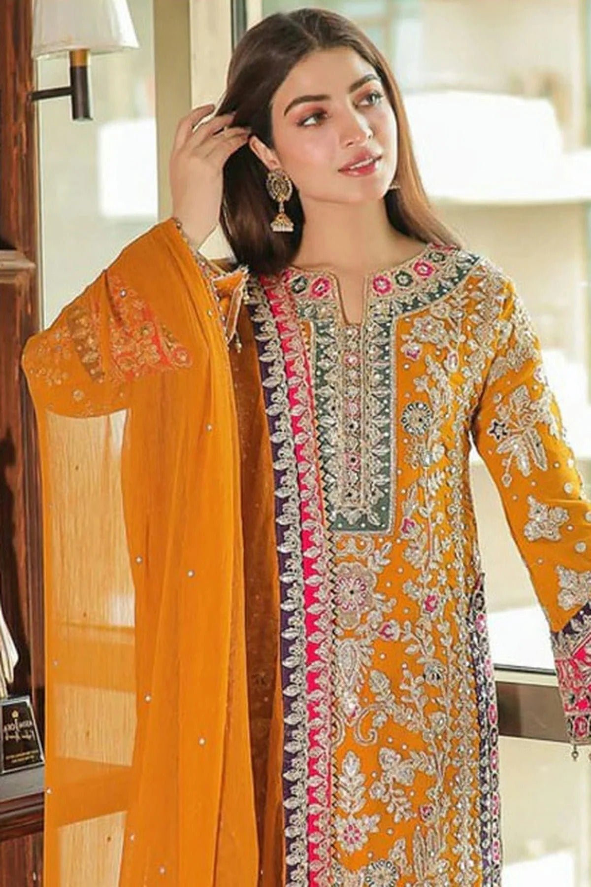Yellow Colour Semi Stitched Chinon Silk Pakistani Suit SM1140280 A