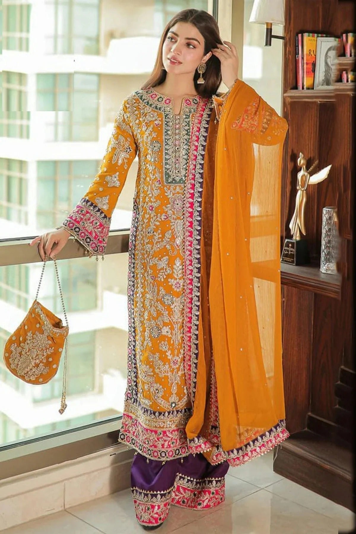 Yellow Colour Semi Stitched Chinon Silk Pakistani Suit SM1140280
