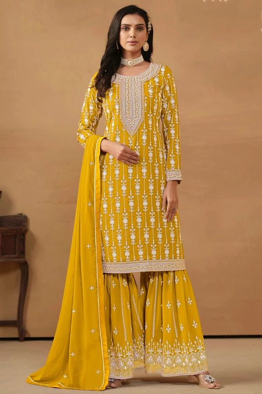 Yellow Colour Semi Stitched Faux Georgette Sharara Suit SM1050453
