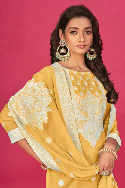 Yellow Colour Semi Stitched Jacquard Straight Suit SM1140192 A