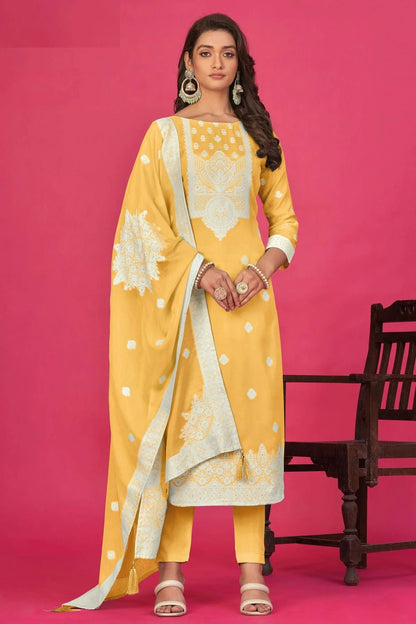 Yellow Colour Semi Stitched Jacquard Straight Suit SM1140192