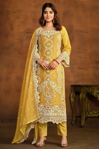 Yellow Colour Semi Stitched Organza Pant Style Suit SM1050432
