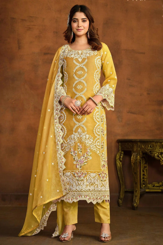 Yellow Colour Semi Stitched Organza Pant Style Suit SM1050432