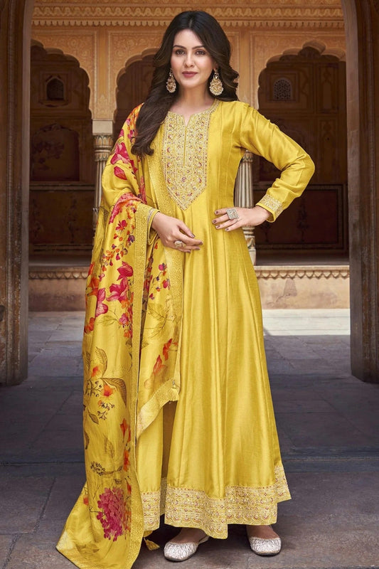 Yellow Colour Semi Stitched Silk Anarkali Suit SM1140247
