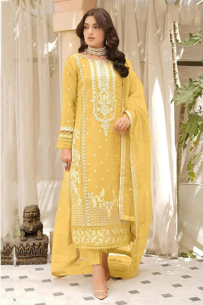 Yellow Colour Semi Stitched Soft Organza Pakistani Suit SM1140362