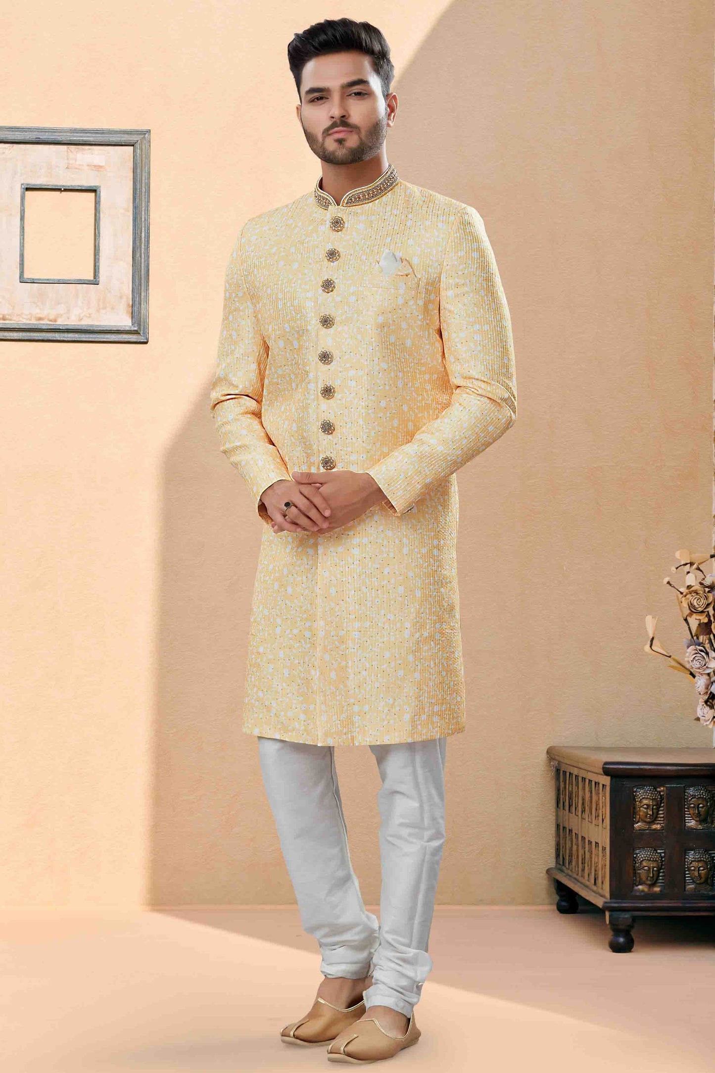 Yellow Colour Sherwani In Silk Fabric SH1040408