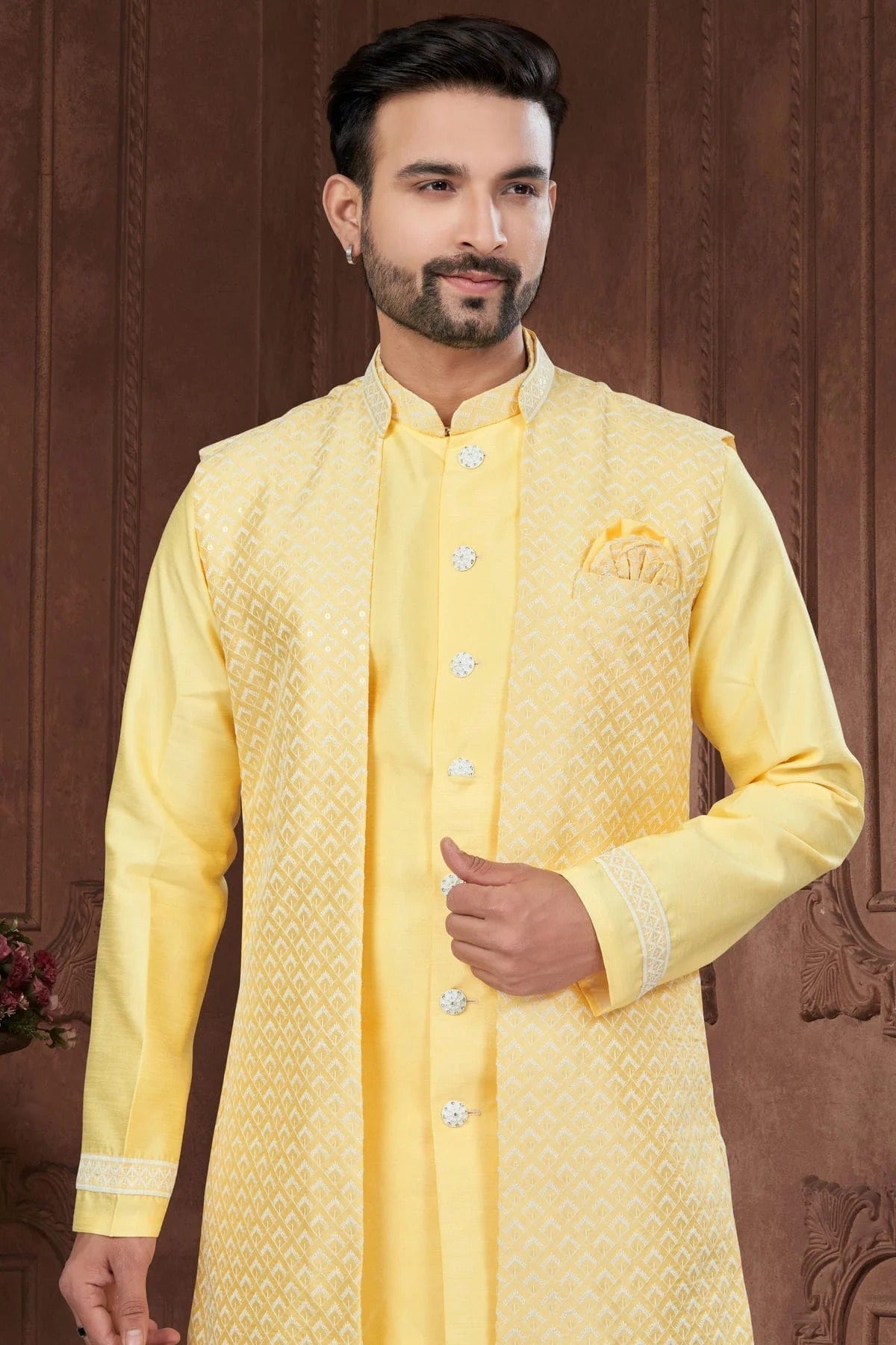 Yellow Colour Silk Dupion Sherwani SH1040587 A