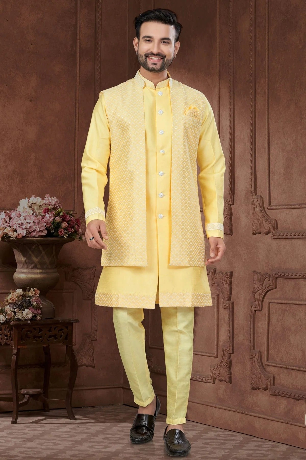 Yellow Colour Silk Dupion Sherwani SH1040587
