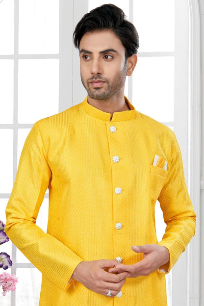 Yellow Colour Silk Dupion Sherwani SH1040604 A