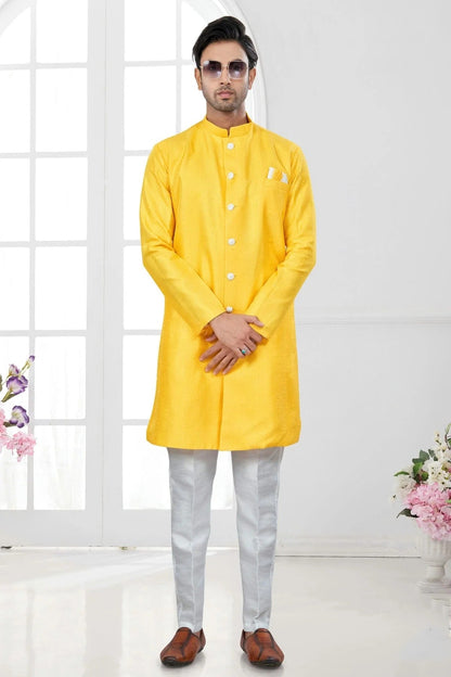 Yellow Colour Silk Dupion Sherwani SH1040604