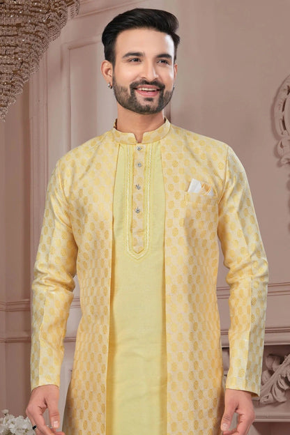 Yellow Colour Silk Dupion Sherwani SH1040645 A