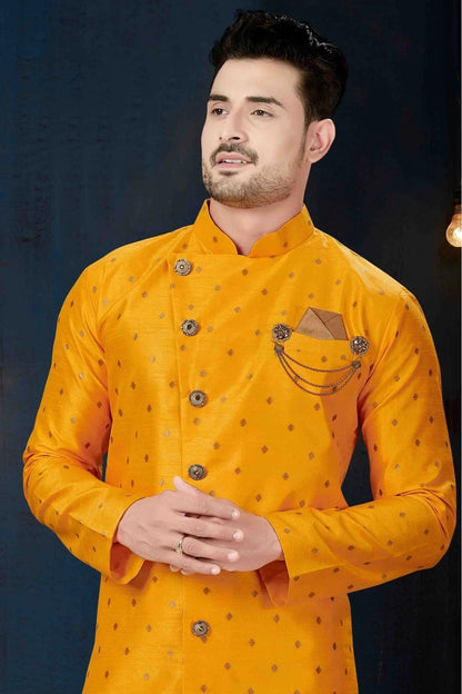 Yellow Colour Silk Party Wear Indo Western Sherwani SH1040229 A