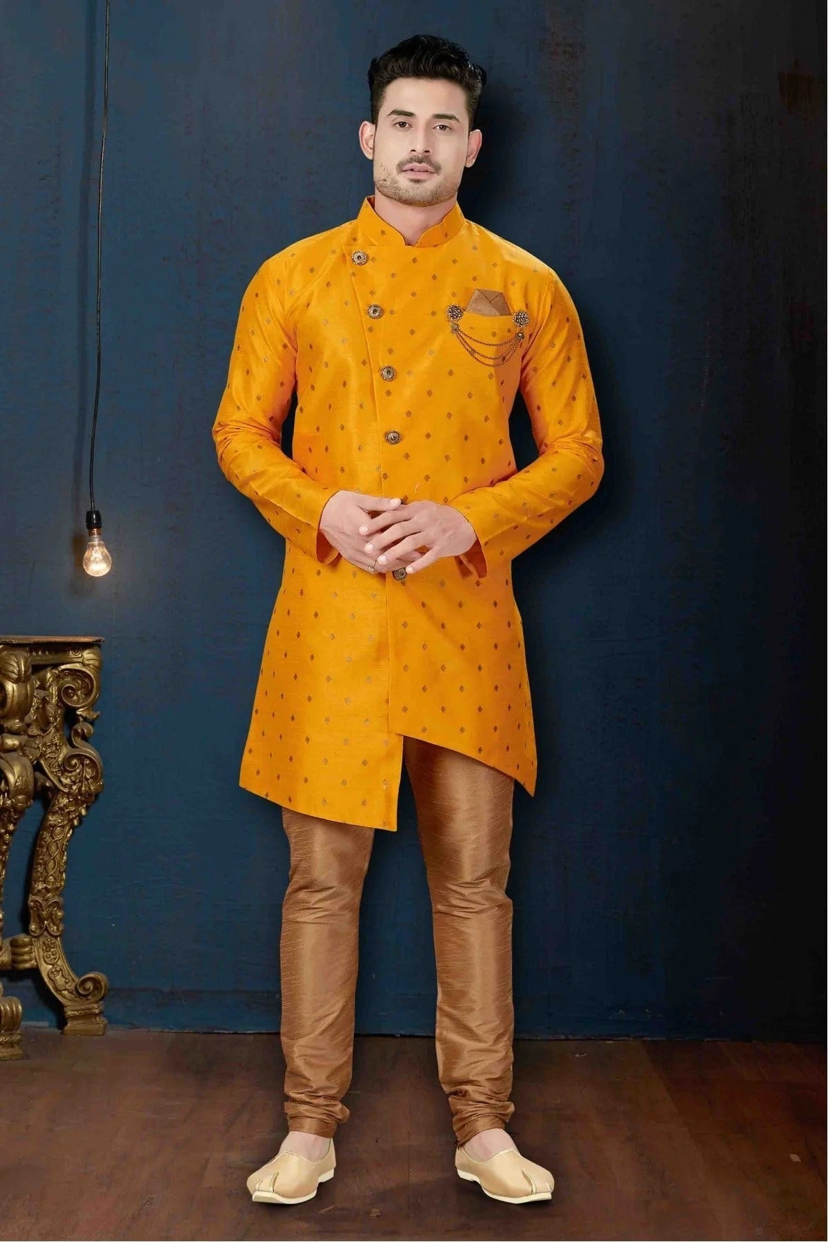 Yellow Colour Silk Party Wear Indo Western Sherwani SH1040229