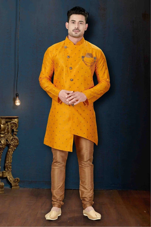 Yellow Colour Silk Party Wear Indo Western Sherwani SH1040229