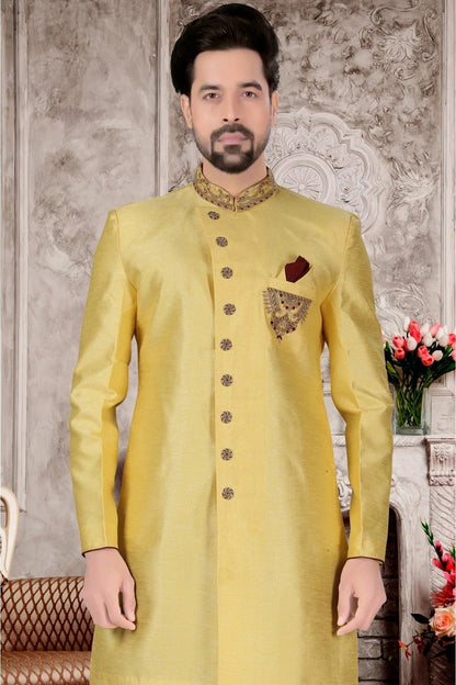 Yellow Colour Slub Silk Sherwani SH1040308 A