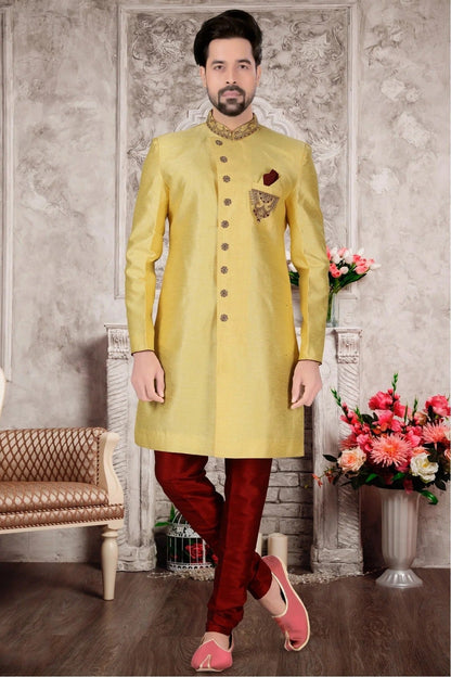 Yellow Colour Slub Silk Sherwani SH1040308