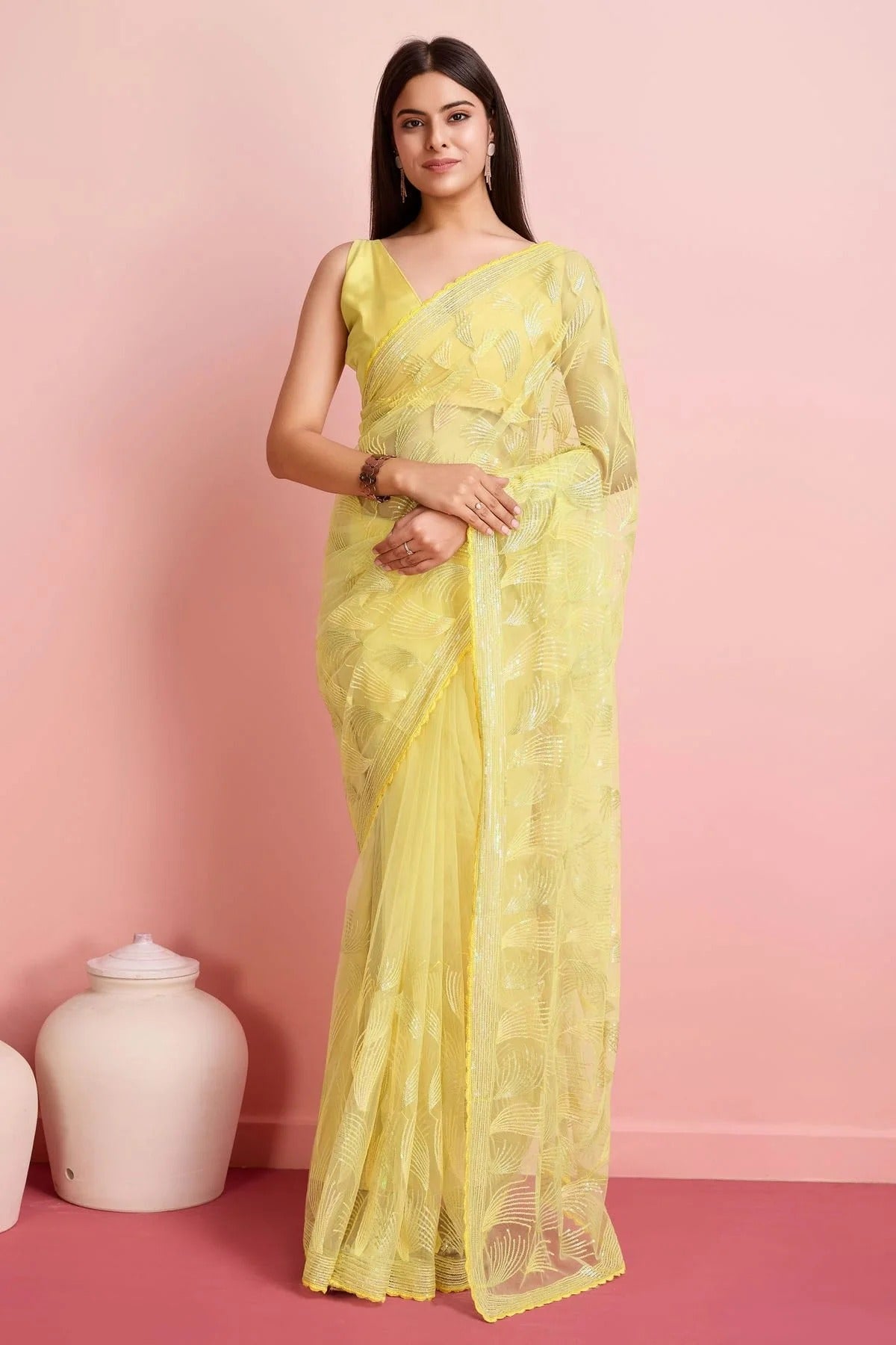 Yellow Colour Soft Net Saree SD1110446