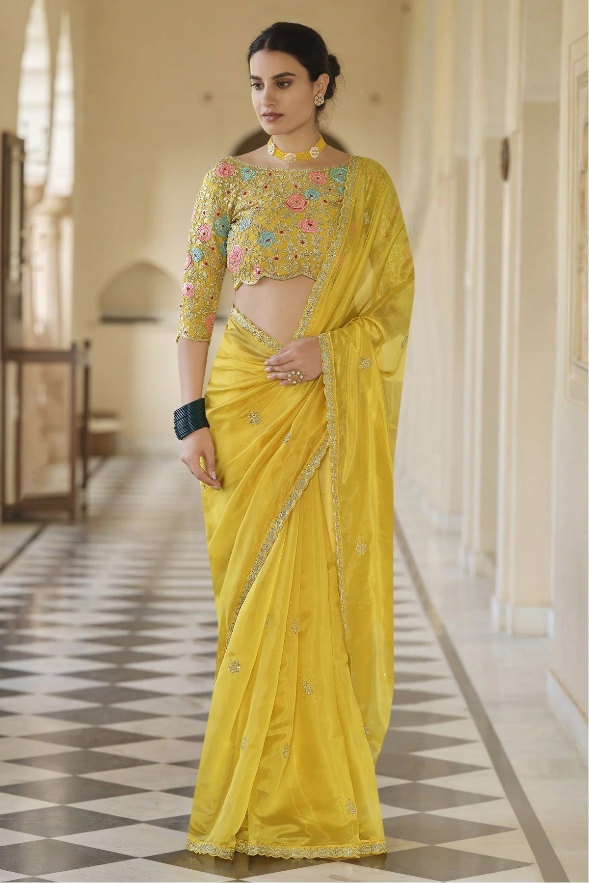 Yellow Colour Soft Net Sequins Work Saree SD1080022