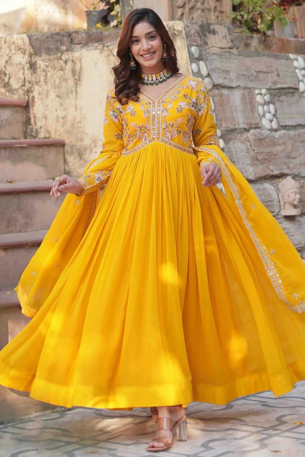 Yellow Colour Stitched Faux Georgette Gown GW1112809 A