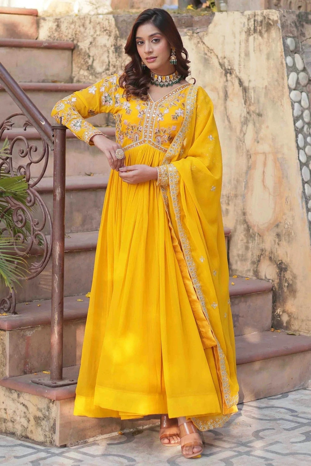 Yellow Colour Stitched Faux Georgette Gown GW1112809