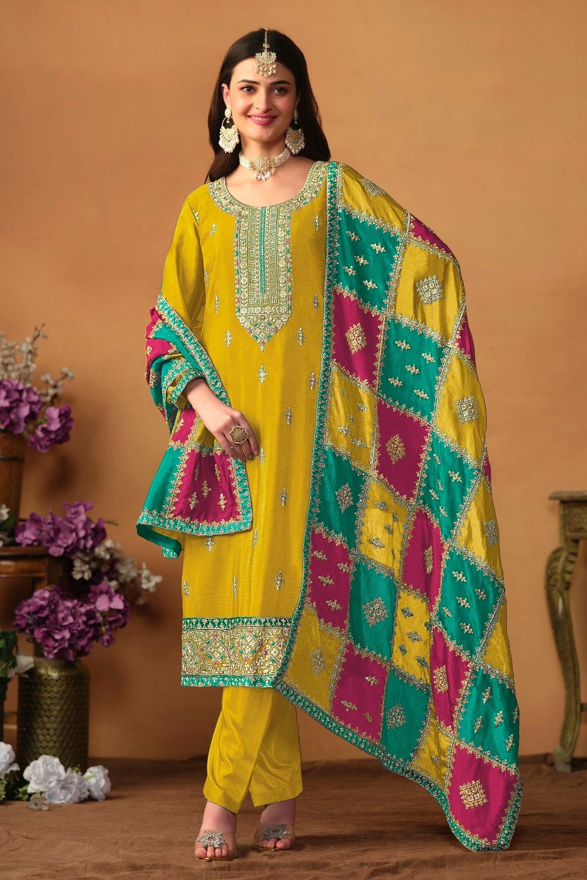Yellow Colour Straight Suit Chinon Silk Semi Stitched SM1050495