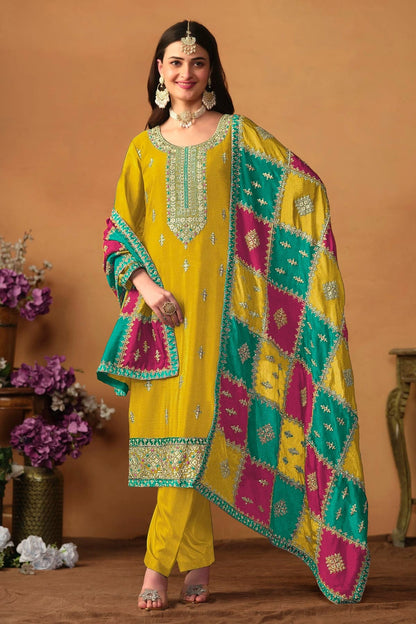 Yellow Colour Straight Suit Chinon Silk Semi Stitched SM1050495