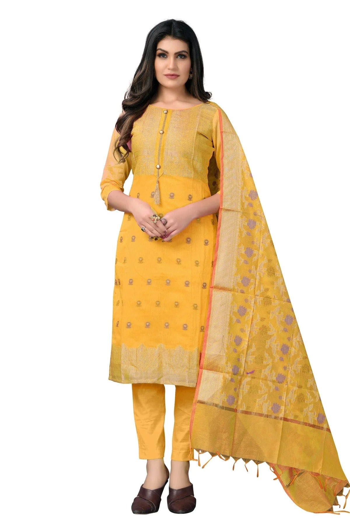 Yellow Colour Unstitched Banarasi Jacquard Fabric Straight Suit US1160903