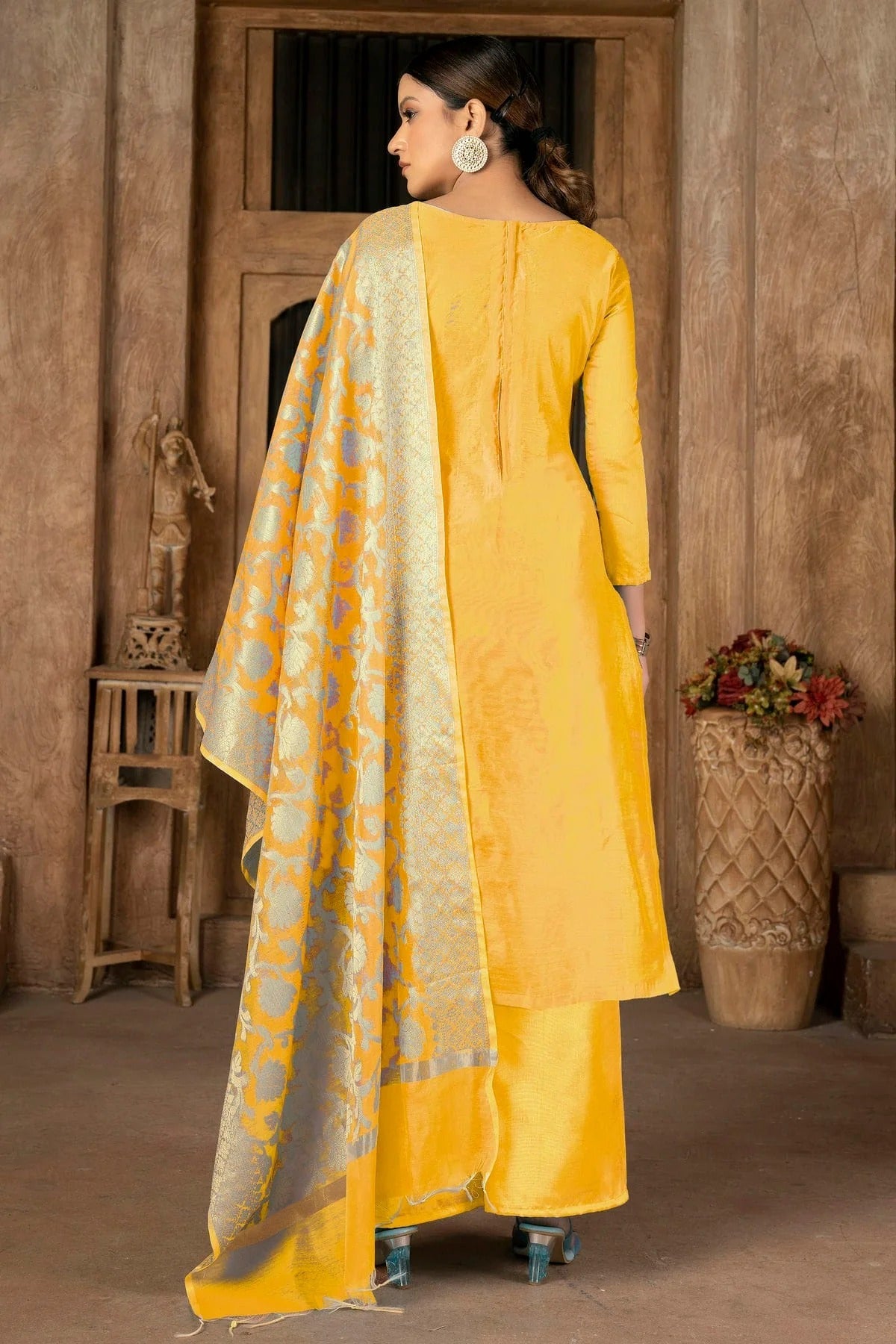 Yellow Colour Unstitched Banarasi Jacquard Palazoo Pant Suit US1161257 A