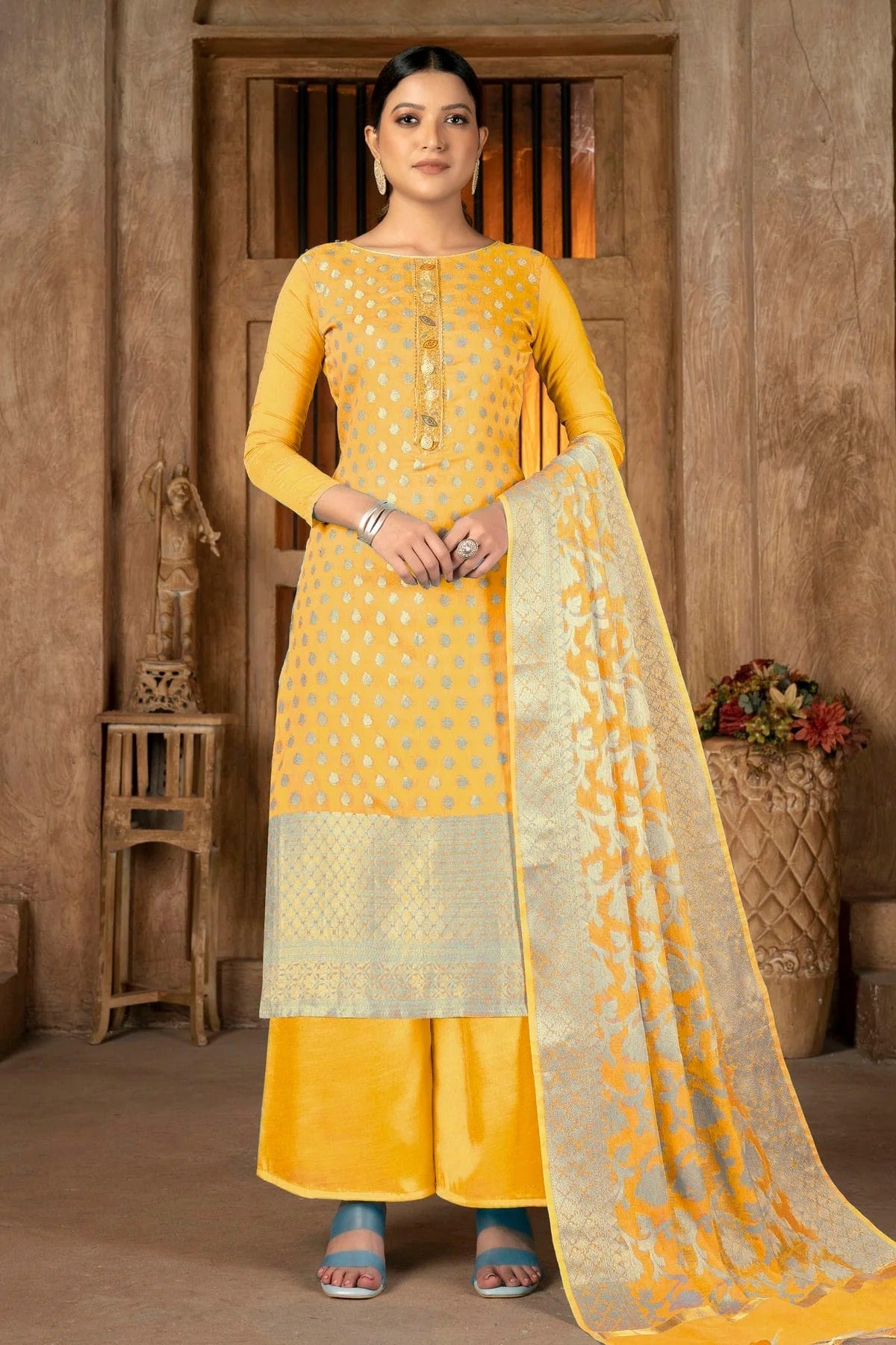 Yellow Colour Unstitched Banarasi Jacquard Palazoo Pant Suit US1161257