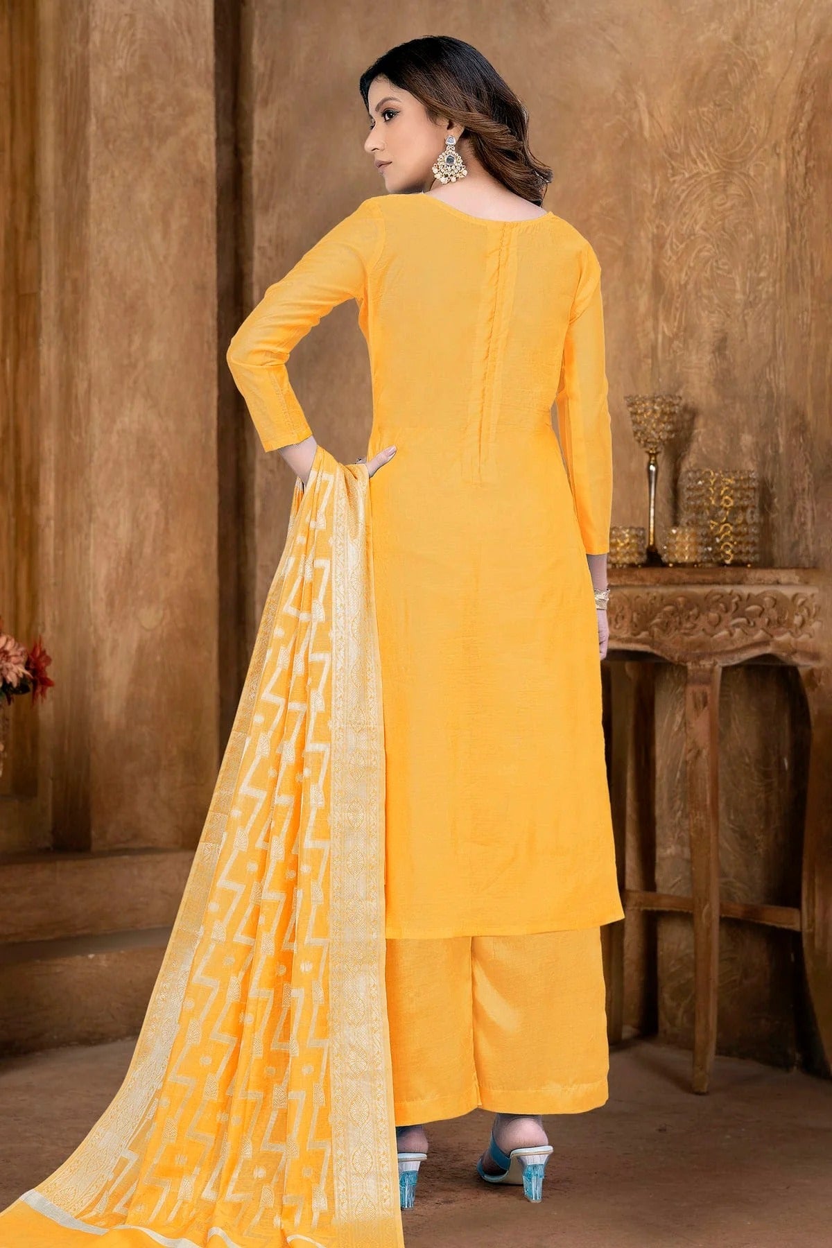 Yellow Colour Unstitched Banarasi Jacquard Palazoo Pant Suit US1161366 A