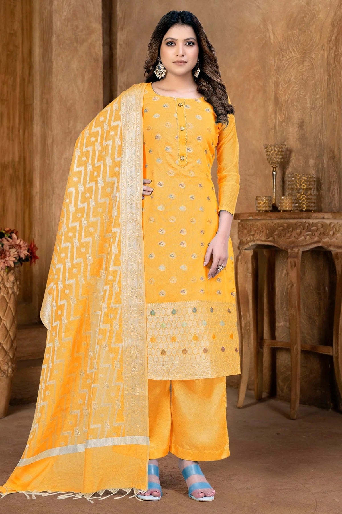 Yellow Colour Unstitched Banarasi Jacquard Palazoo Pant Suit US1161366