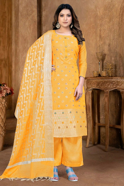 Yellow Colour Unstitched Banarasi Jacquard Palazoo Pant Suit US1161366