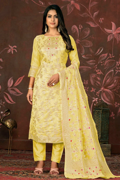 Yellow Colour Unstitched Banarasi Jacquard Straight Suit US1161303