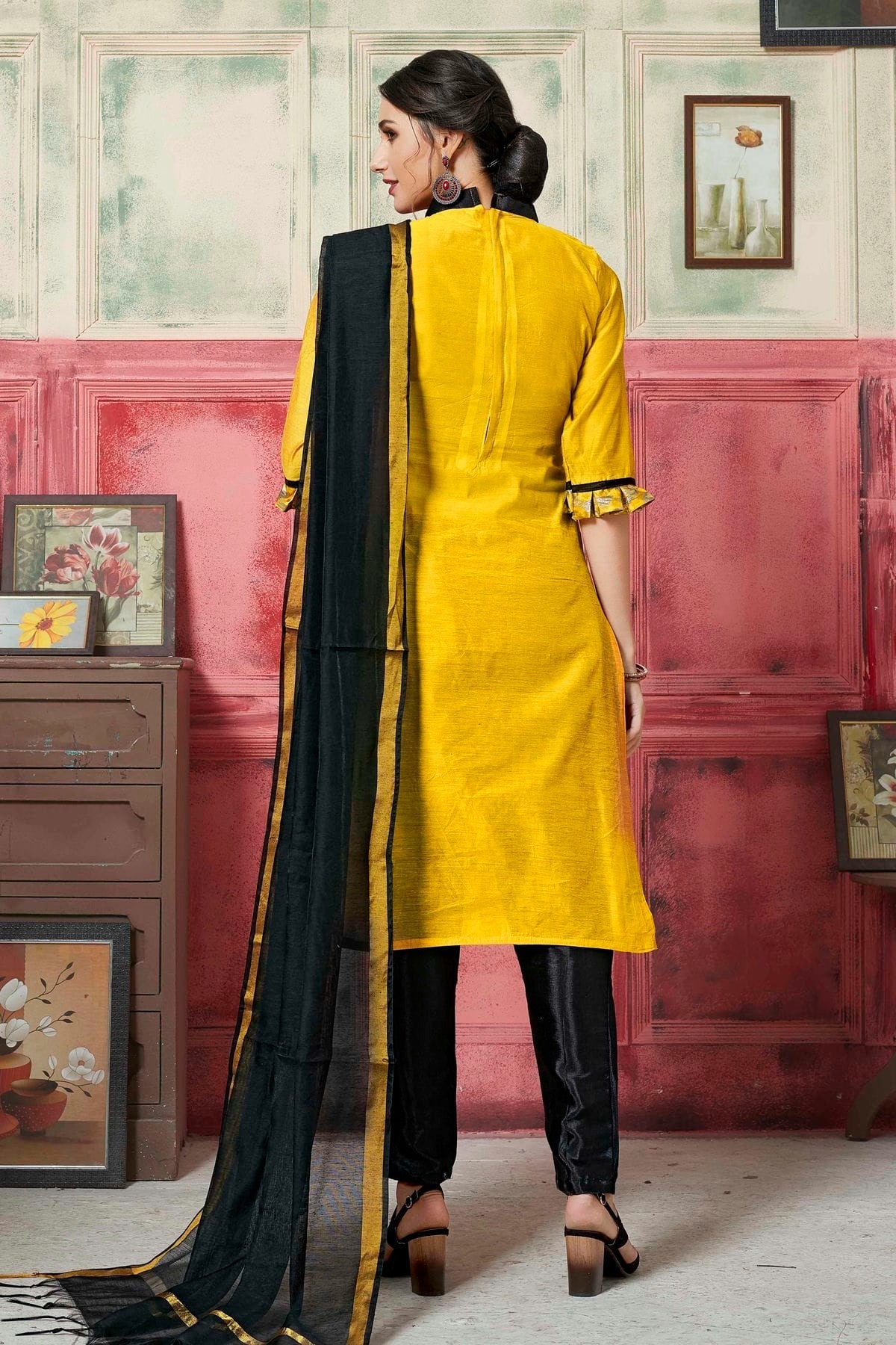 Yellow Colour Unstitched Banarasi Silk Fabric Straight Suit US1161044 A