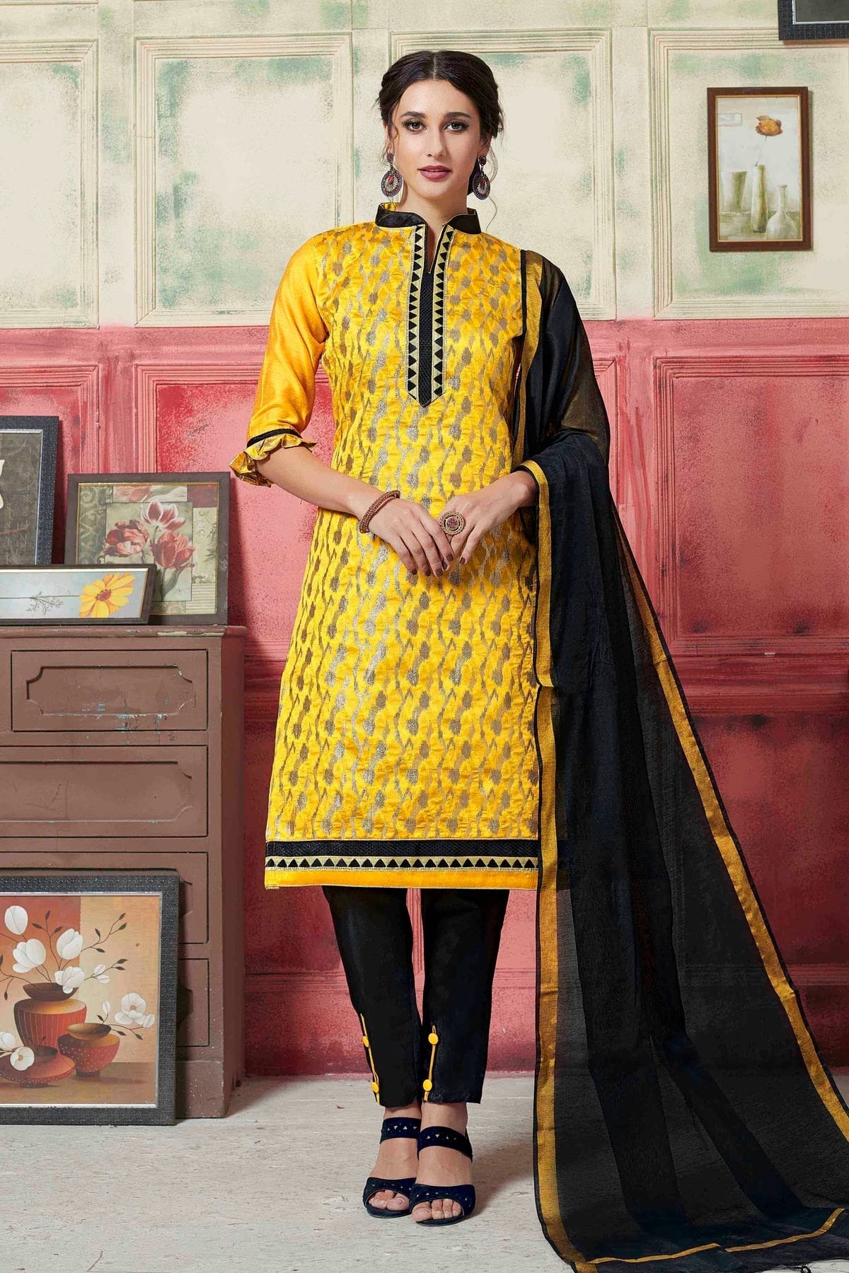 Yellow Colour Unstitched Banarasi Silk Fabric Straight Suit US1161044