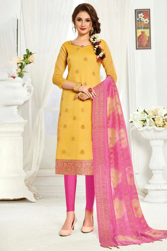 Yellow Colour Unstitched Banarasi Silk Straight Suit US1161084
